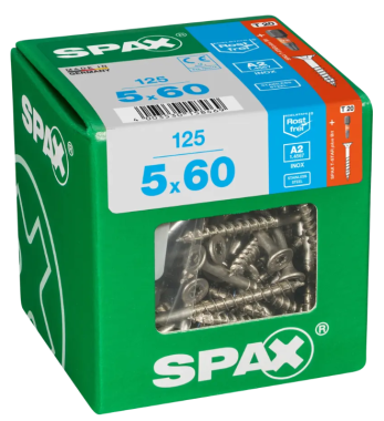 SPAX Edelstahlschraube, 5 x 60 mm, 125 Stück, Teilgewinde, Senkkopf, T-STAR plus T20, 4CUT, Edelstahl rostfrei A2, 4197000500606